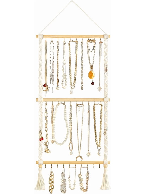 Hanging Jewelry Organizer Macrame Necklace Holder with 30 Hooks Wall Mounted Jewelry Hanger Over Door Necklace Rack with Tassel for Necklace Bracelet Earring Headband Bow Organizer