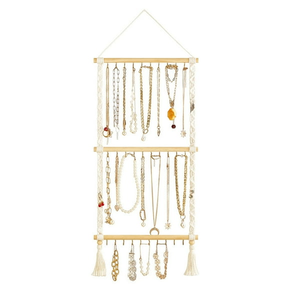 Necklace Holder, Hanging Jewelry Organizer with 30 Hooks Wall Mounted Jewelry Hanger with Tassel for Necklace Bracelet Earring Headband Bow Organizer