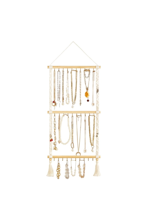 Necklace Holder, Hanging Jewelry Organizer with 30 Hooks Wall Mounted Jewelry Hanger with Tassel for Necklace Bracelet Earring Headband Bow Organizer