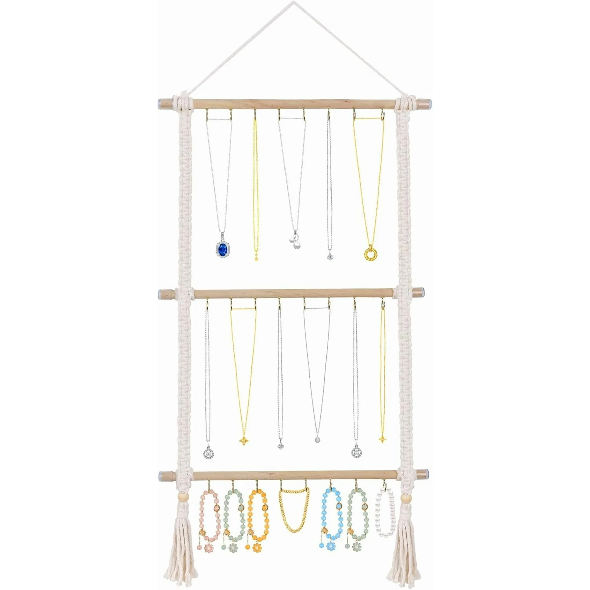 Hanging Jewelry Organizer, Macrame Necklace Holder with 30 Hooks, Wall Mounted Necklace Rack with Tassel for Girls Bracelet Earrings Headband Bow Display (Macrame) Macrame Macrame Macrame