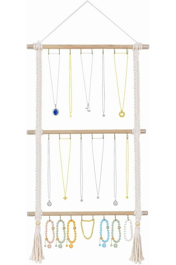 Hanging Jewelry Organizer, Macrame Necklace Holder with 30 Hooks, Wall Mounted Necklace Rack with Tassel for Girls Bracelet Earrings Headband Bow Display (Macrame) Macrame Macrame Macrame