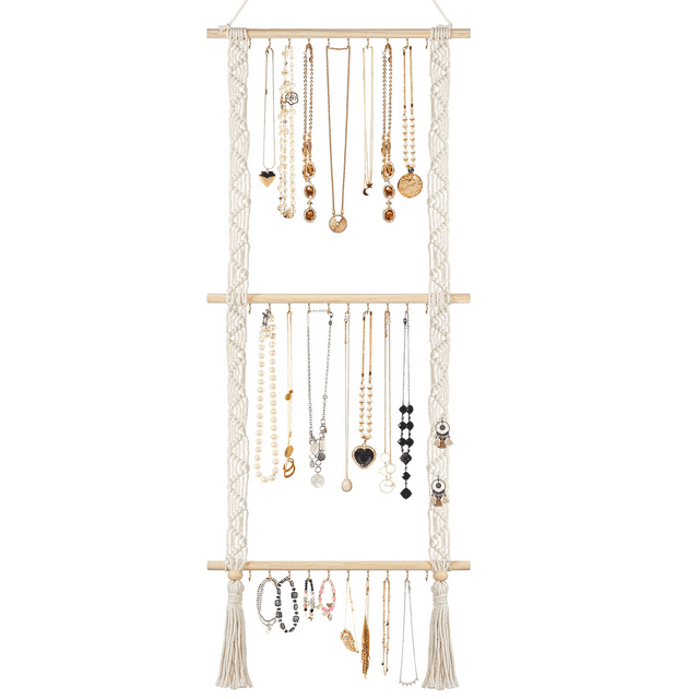 Hanging Jewelry Organizer Macrame Necklace Holder with 30 Hooks, Wall