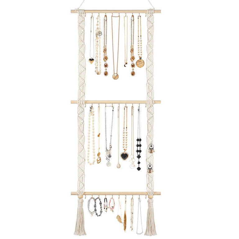 Hanging Jewelry Organizer Macrame Necklace Holder with 30 Hooks, Wall  Mounted Necklace Rack, Necklace Hanger with Tassel for Necklaces Bracelet