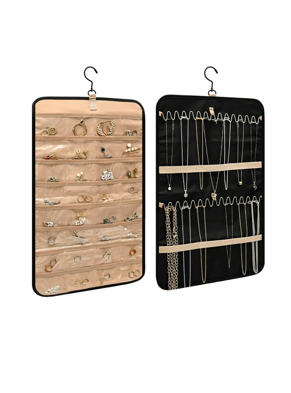 Hanging Jewelry Organizer with Metal Hooks Double-Sided Jewelry Holder, Necklace Holder with 32 Pockets, Jewelry Roll for Earrings, Necklaces, Rings on Closet, Wall, Door, 1 Piece
