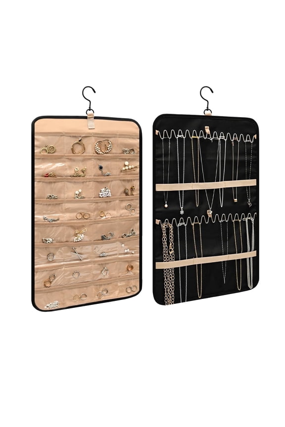 Hanging Jewelry Organizer with Metal Hooks Double-Sided Jewelry Holder, Necklace Holder with 32 Pockets, Jewelry Roll for Earrings, Necklaces, Rings on Closet, Wall, Door, 1 Piece