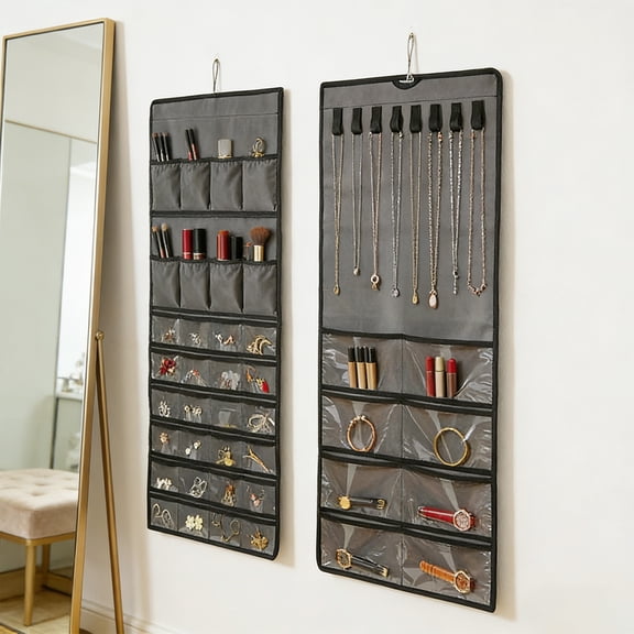 Hanging Jewelry Organizer with Multi-size 48 Pockets Double-Sided Jewelry Holder for Earrings, Necklaces, Rings on Closet, Wall, Door,Jewelry Organizer Hanging for Closet (Gray)