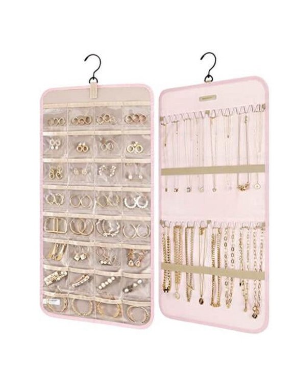 Hanging Jewelry Organizer, Necklace Earring Ring Holder, Double Sided Jewelry Storage Roll, Clear Pockets Necklace Hooks Organizer, Wall Door Closet Jewelry Hanger for Necklaces Earrings Rings