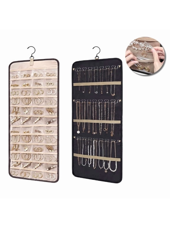 Hanging Jewelry Organizer Necklace Holder Anti-Tangle with 24 Jewelry Bags, Earrings Rings Hanger, Travel Storage Roll with Pockets, Hang on Closet Wall Door Large, Black