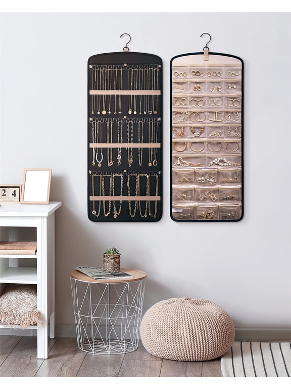 Hanging Jewelry Organizer Necklace Holder Anti-tangle Earrings Rings Hanger with 20 Jewelry Bags Travel Storage Roll with Pockets Hang on Closet, Wall, Door,1 Piece, Large, Black