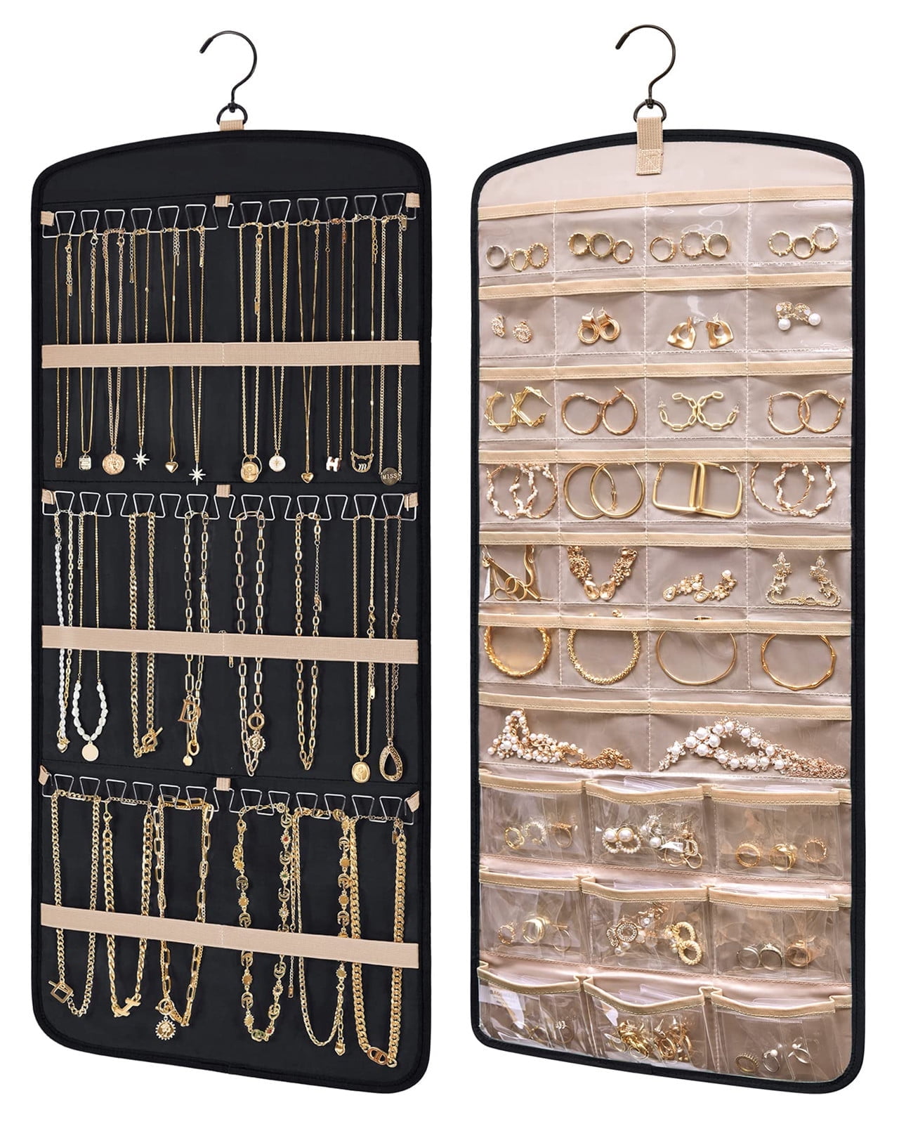 FODIMON Hanging Jewelry Organizer Necklace Holder Anti-tangle Earrings Rings Hanger with 20 Jewelry Bags Travel Storage Roll with Pockets Hang on Closet, Wall, Door,1 Piece, Large, Black