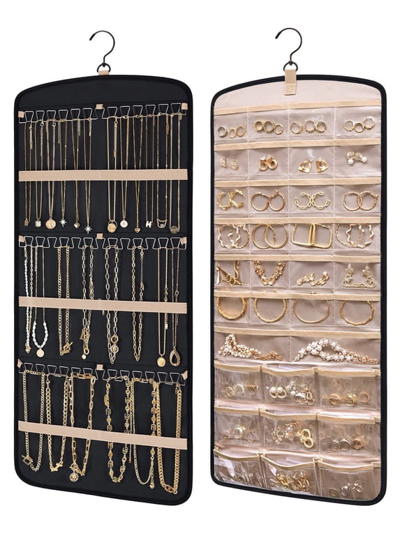 Hanging Jewelry Organizer Necklace Holder Anti-tangle Earrings Rings Hanger with 20 Jewelry Bags Travel Storage Roll with Pockets Hang on Closet, Wall, Door,1 Piece, Large, Black
