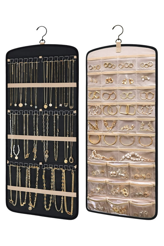 Hanging Jewelry Organizer Necklace Holder Anti-tangle Earrings Rings Hanger with 20 Jewelry Bags Travel Storage Roll with Pockets Hang on Closet, Wall, Door,1 Piece, Large, Black