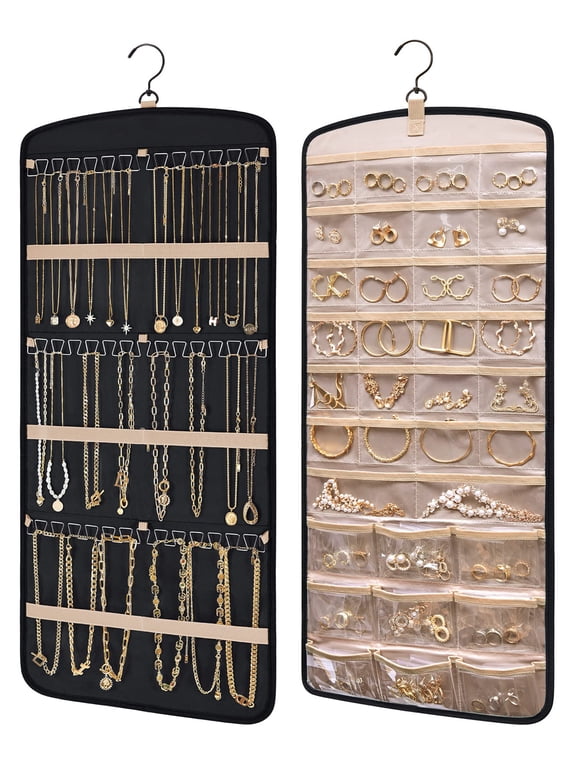 Hanging Jewelry Organizer Necklace Holder Anti-tangle Earrings Rings Hanger with 20 Jewelry Bags Travel Storage Roll with Pockets Hang on Closet, Wall, Door,1 Piece, Large, Black