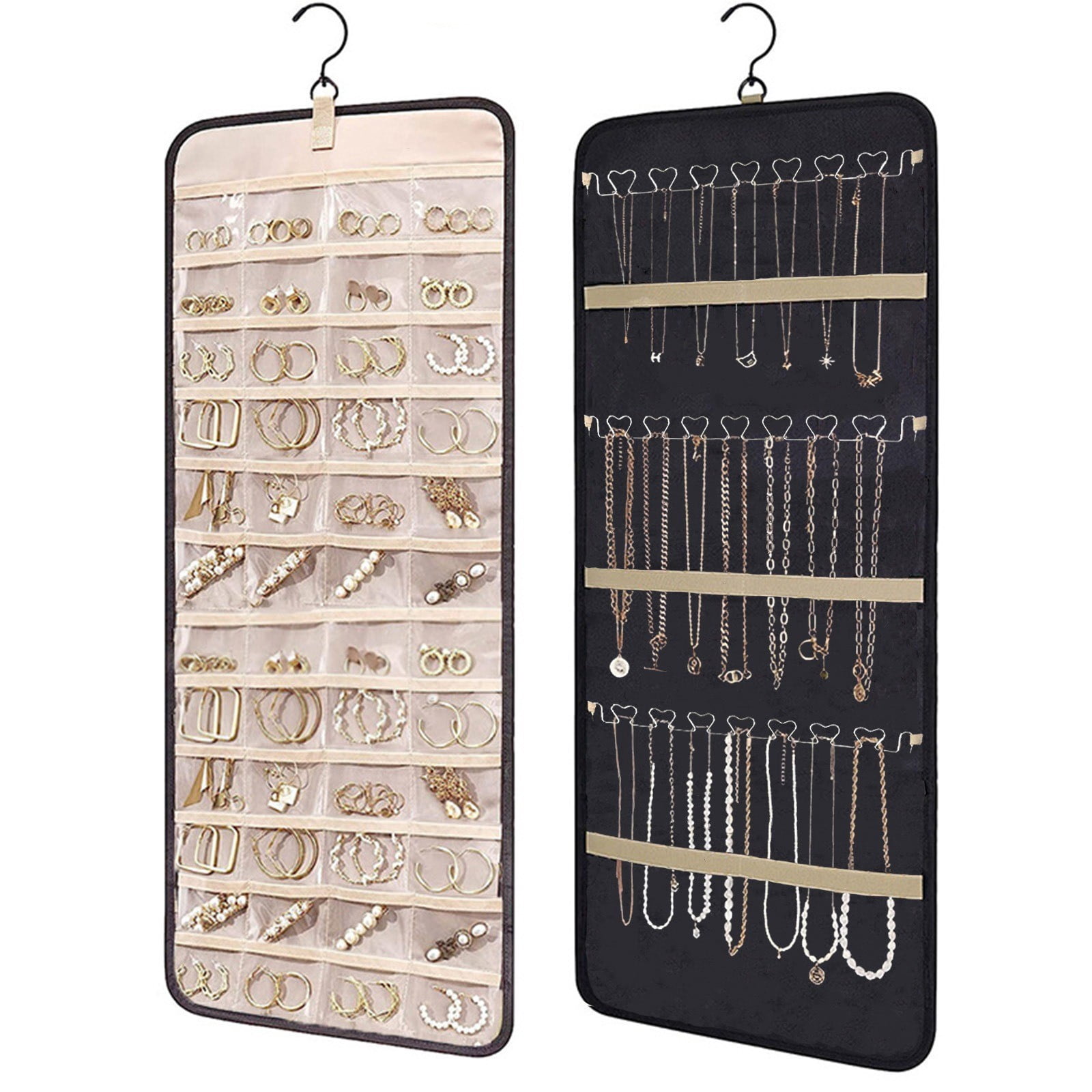 Hanging Jewelry Organizer, Necklace Holder Anti-tangle Earrings Rings Hanger with 48 Jewelry Bags Travel Storage Roll with Pockets Hang on Closet, Wall, Door,1 Piece, Large, Black