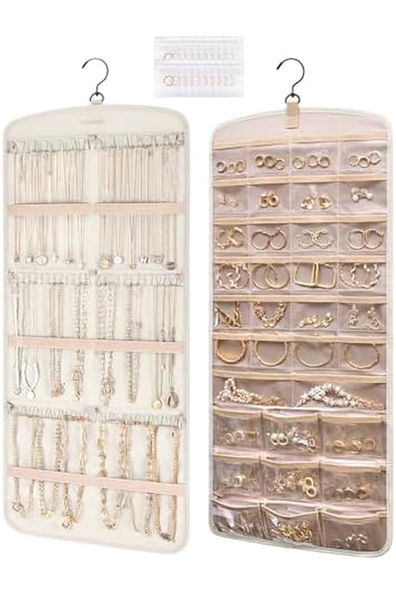 Hanging Jewelry Organizer, Necklace Holder Anti-tangle Earrings Rings Hanger with Pockets Hang on Closet, Wall, Door,1 Piece, Large Beige