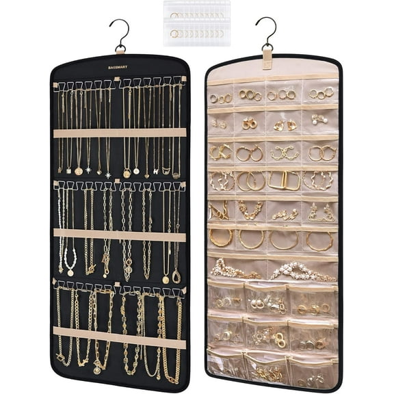 Hanging Jewelry Organizer Necklace Holder, Double Sided Anti-tangle Earrings Rings Hanger with 20 Jewelry Bags Travel Storage Roll with Pockets Hang on Closet, Wall,1 Piece, Black