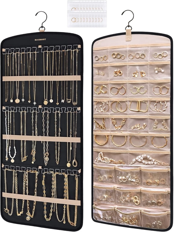 Hanging Jewelry Organizer Necklace Holder, Double Sided Anti-tangle Earrings Rings Hanger with 20 Jewelry Bags Travel Storage Roll with Pockets Hang on Closet, Wall,1 Piece, Black