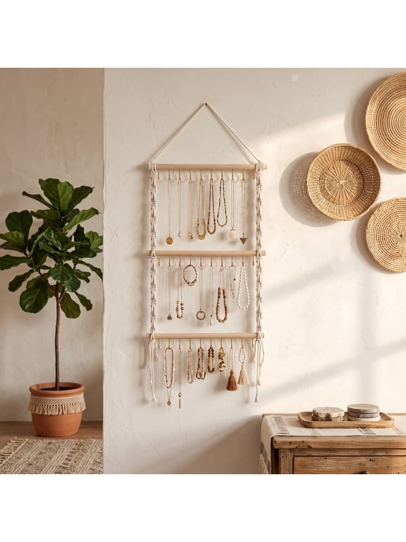 Hanging Jewelry Organizer Rack, Boho Wood & Rope Tiered Storage Holder, Wall Mounted Display Shelf for Necklaces & Accessories