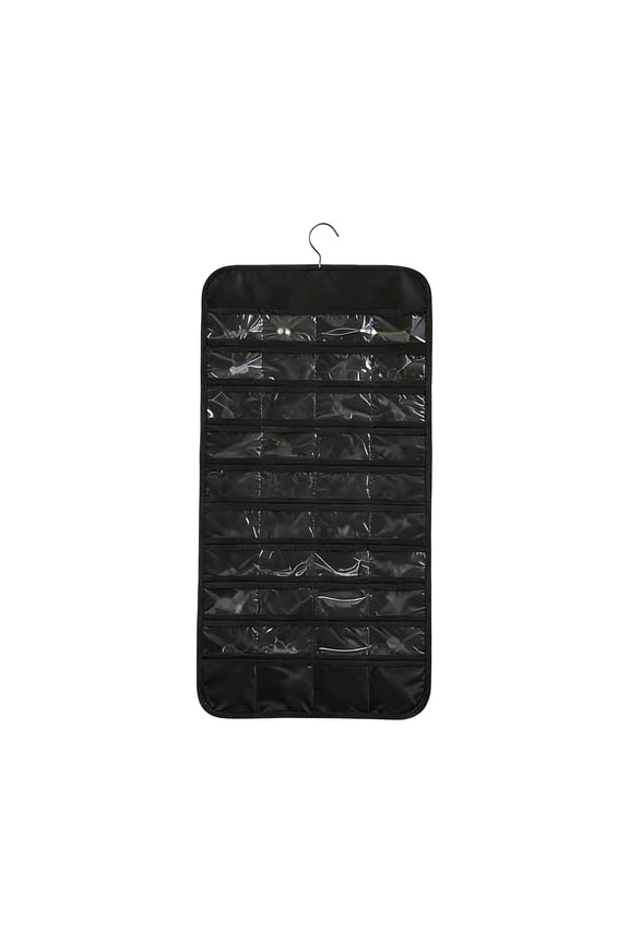 Hanging Jewelry Organizer Roll with Metal Hook – Double-Sided 80-Compartment Black Necklace & Earring Storage Rack for Door or Wall