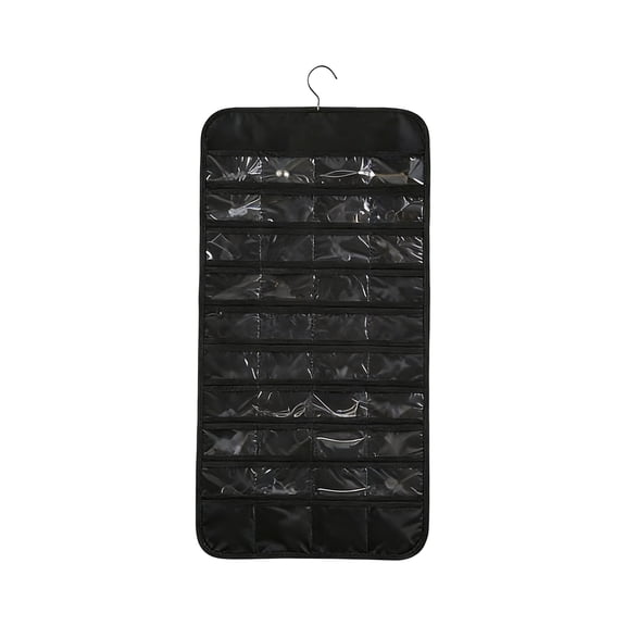 Hanging Jewelry Organizer Roll with Metal Hook – Double-Sided 80-Compartment Black Necklace & Earring Storage Rack for Door or Wall