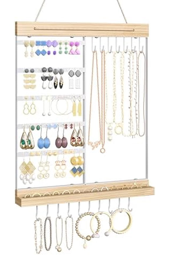 Hanging Jewelry Organizer and Storage, 5-Tier White Earring Necklace Holder Jewelry Display Organizer Stand Rack, Wall Mounted for Earrings Necklaces Bracelets and Rings, White