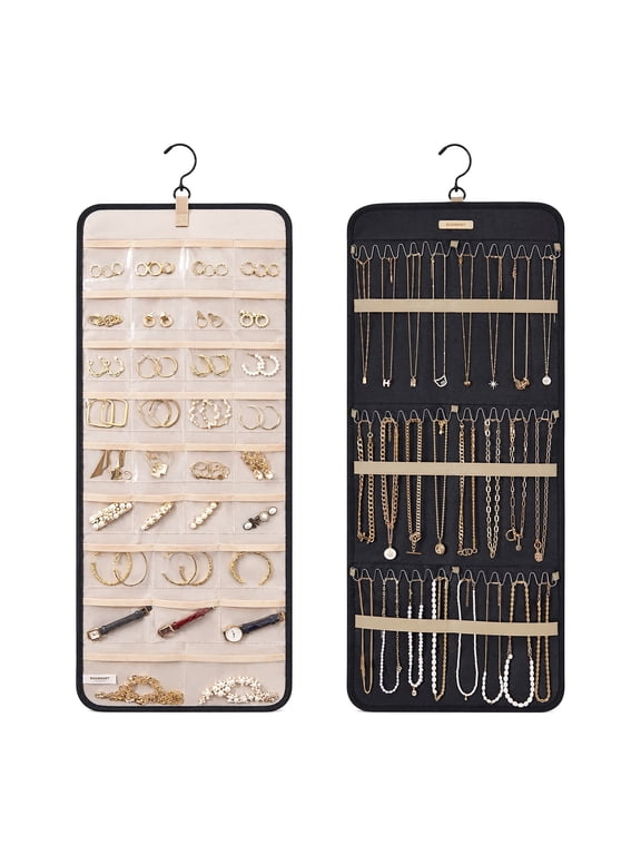 Hanging Jewelry Organizer Storage Roll with Hanger, Metal Hooks Double-Sided Jewelry Holder for Earrings, Necklaces, Rings on Closet, Wall, Door, 1 Piece, Large, Black