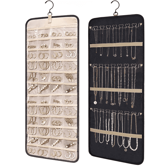 Black Hanging Jewelry Organizer Roll, Double-Sided Earring Necklace Holder w/ Hooks