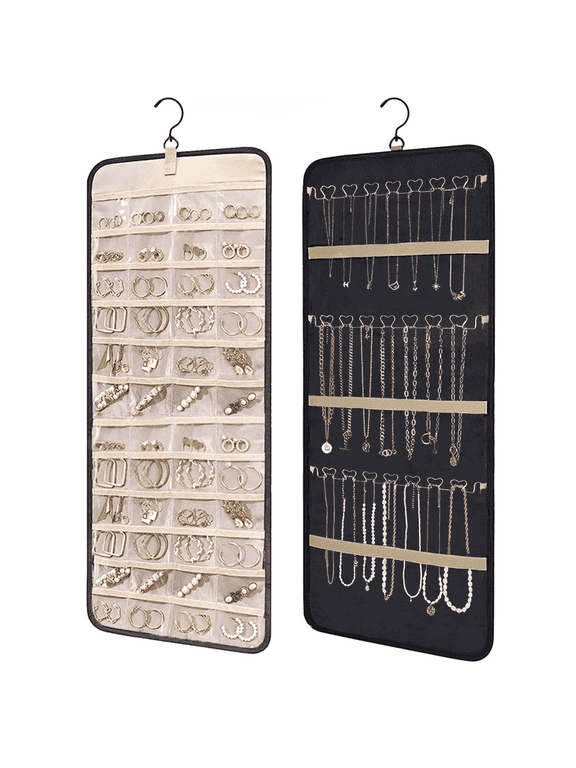 Black Hanging Jewelry Organizer Roll, Double-Sided Earring Necklace Holder w/ Hooks