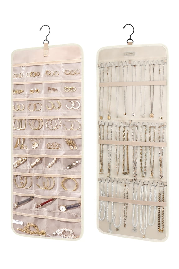 Hanging Jewelry Organizer Storage Roll with Hanger Metal Hooks Double-Sided Jewelry Holder for Earrings, Necklaces, Rings on Closet, Wall, Door, 1 piece, Large, Beige