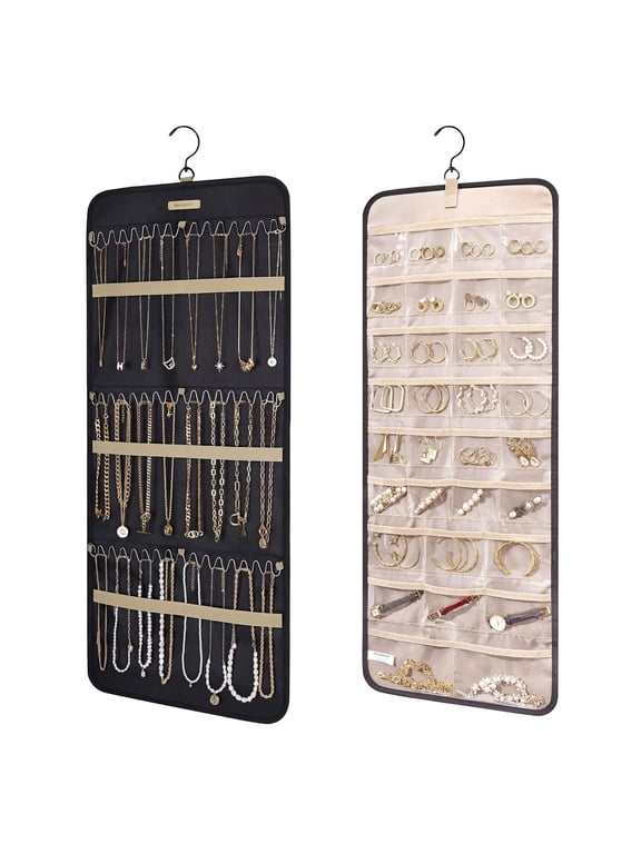 Hanging Jewelry Organizer Storage Roll with Hanger Metal Hooks Double-Sided Jewelry Holder for Earrings, Necklaces, Rings on Closet, Wall, Door, 1 piece, Large, Black