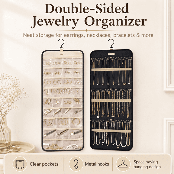 Hanging Jewelry Organizer Storage, Double-Sided Jewelry Holder with Metal Hooks, Necklace Earring Ring Organizer Space Saving Closet Door Wall Mounted Jewelry Storage Bag, Black