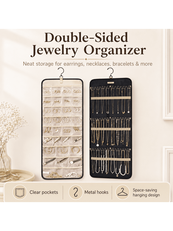 Hanging Jewelry Organizer Storage, Double-Sided Jewelry Holder with Metal Hooks, Necklace Earring Ring Organizer Space Saving Closet Door Wall Mounted Jewelry Storage Bag, Black