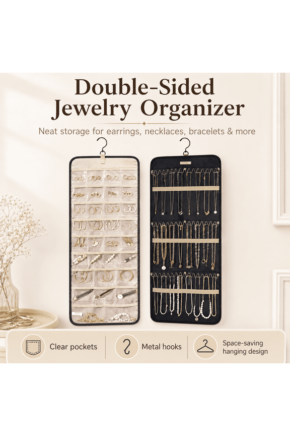 Hanging Jewelry Organizer Storage, Double-Sided Jewelry Holder with Metal Hooks, Necklace Earring Ring Organizer Space Saving Closet Door Wall Mounted Jewelry Storage Bag, Black