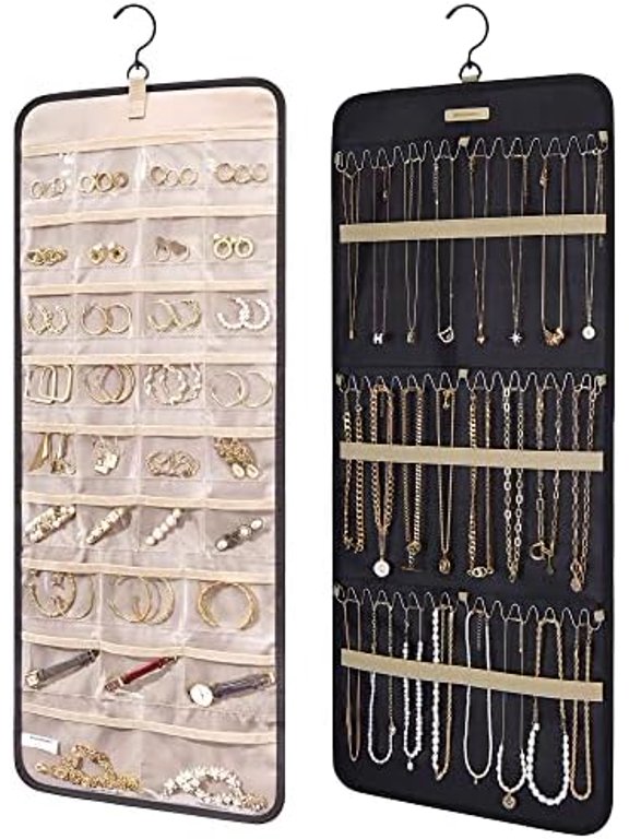 Hanging Jewelry Organizer Storage Roll with Hanger Metal Hooks Double-Sided Jewelry Holder for Earrings, Necklaces, Rings on Closet, Wall, Door, 1 piece, Large, Black