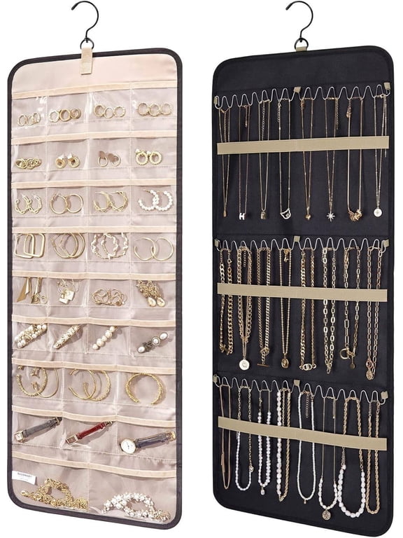 Hanging Jewelry Organizer Storage Roll with Hanger Metal Hooks Double-Sided Jewelry Holder for Earrings, Necklaces, Rings on Closet, Wall, Door, 1 piece, Large, Black