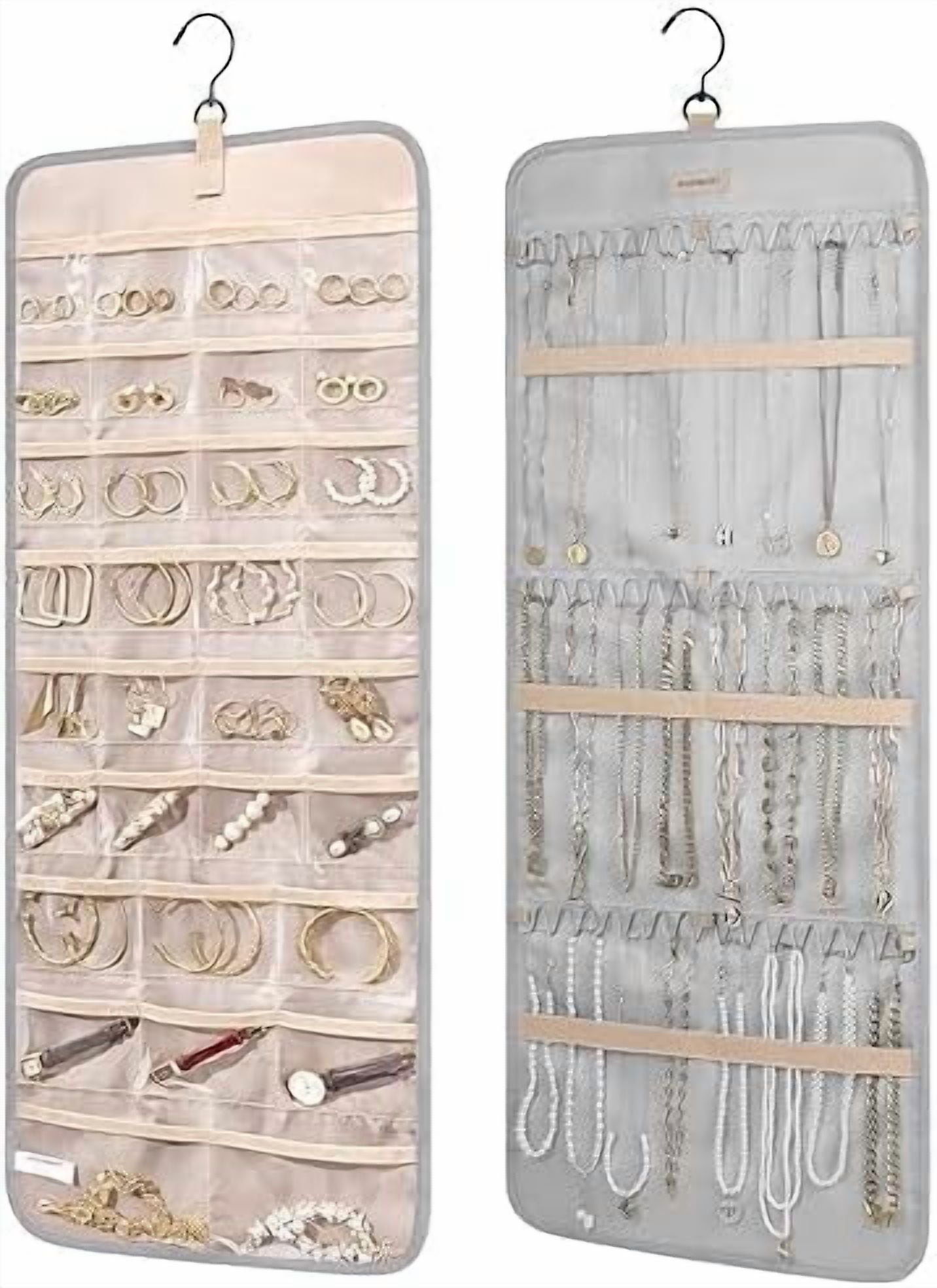 Hanging Jewelry Organizer Storage Roll with Hanger Metal Hooks Double-Sided Jewelry Holder for Earrings, Necklaces, Rings on Closet, Wall, Door, 1 piece, Large, Grey