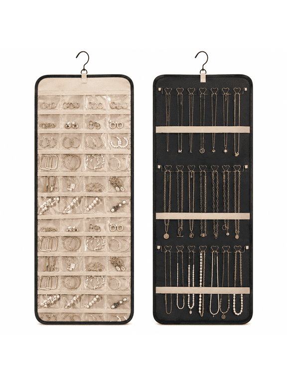 Double Sided Hanging Jewelry Organizer Roll with Hooks for Necklaces, 1 Pack