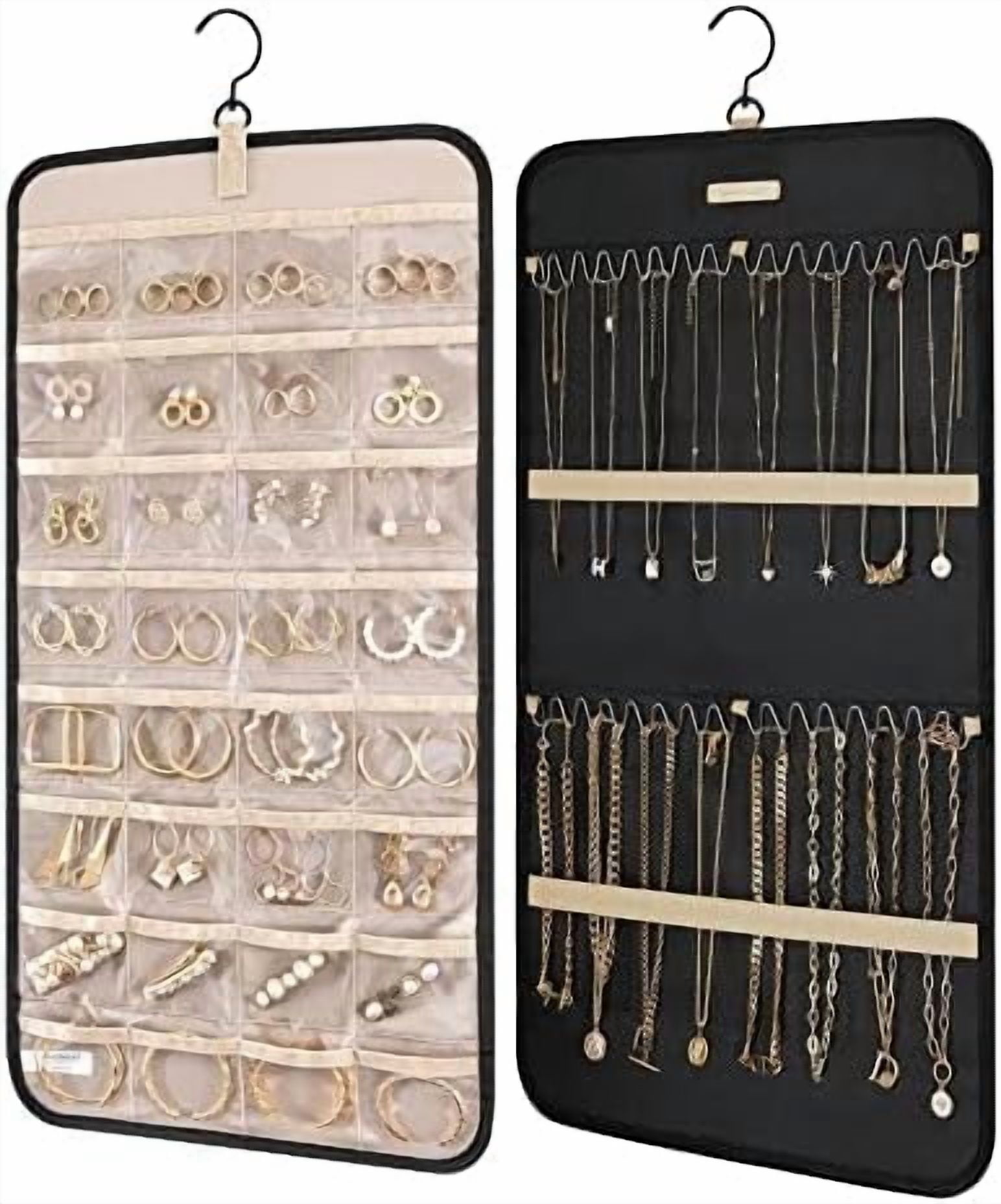 Hanging Jewelry Organizer Storage Roll with Hanger Metal Hooks Double-Sided Jewelry Holder for Earrings, Necklaces, Rings on Closet, Wall, Door, 1 piece, Medium, Black