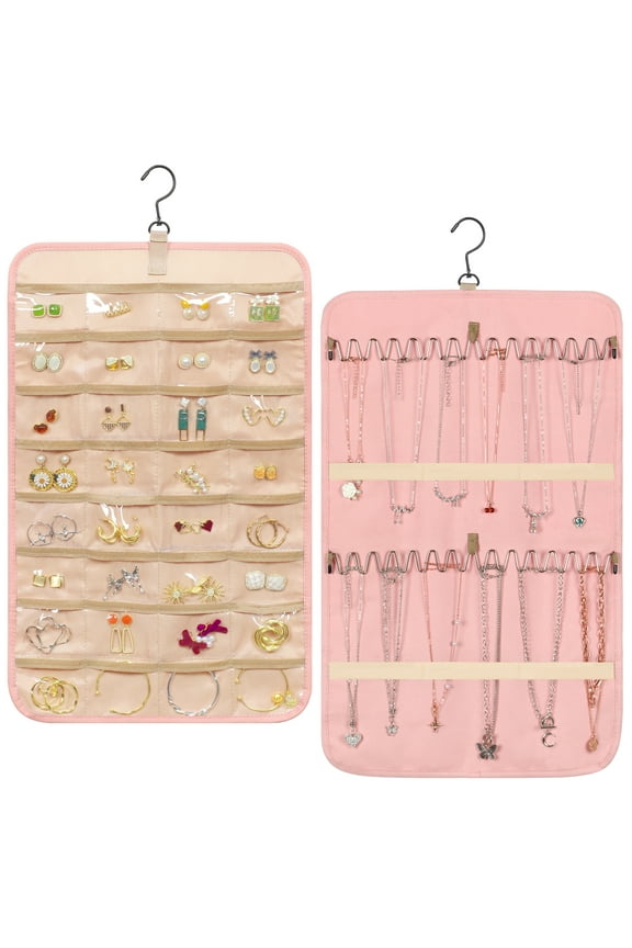 Hanging Jewelry Organizer Storage Roll with Hanger Metal Hooks Double-Sided Jewelry Holder for Earrings, Necklaces, Rings on Closet, Wall, Door, 1 piece, Medium, Pink
