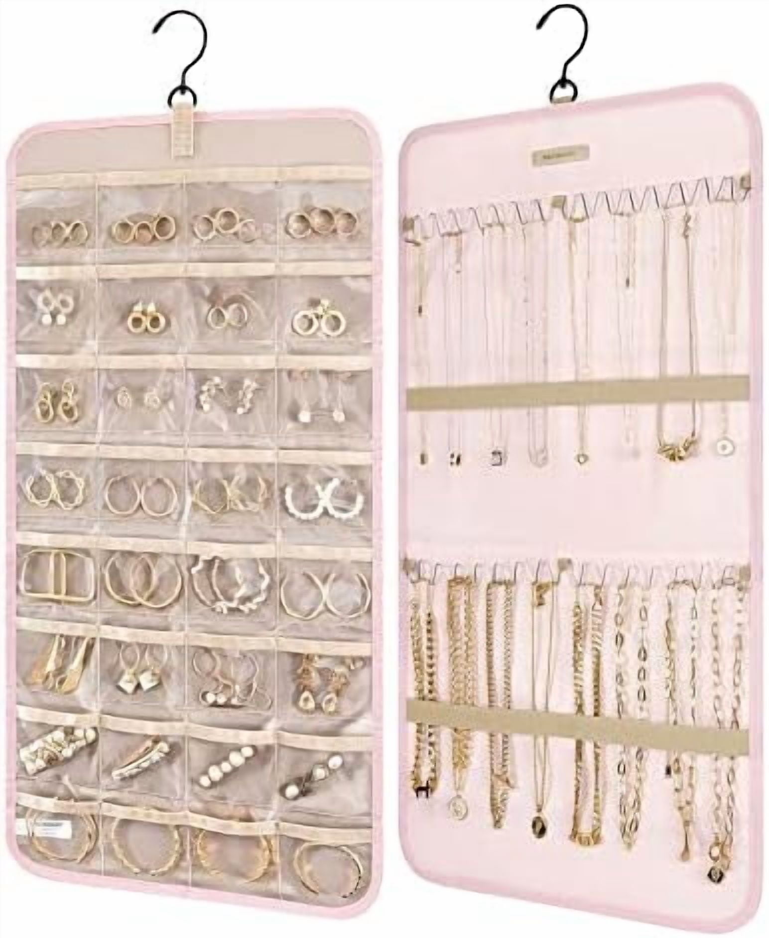 Hanging Jewelry Organizer Storage Roll with Hanger Metal Hooks Double-Sided Jewelry Holder for Earrings, Necklaces, Rings on Closet, Wall, Door, 1 piece, Medium, Pink