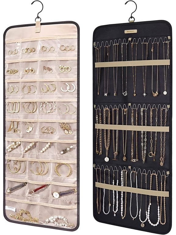 Hanging Jewelry Organizer Storage Roll with Hanger Metal Hooks Double-Sided Jewelry Holder for Earrings, Necklaces, Wall, Door, 1 piece, Large, Black--