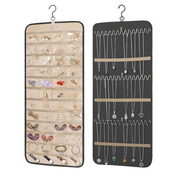Hanging Jewelry Organizer Storage Roll With Hanger Metal Hooks Double-Sided Jewelry Holder For Earrings,Necklaces,Rings,1Pcs