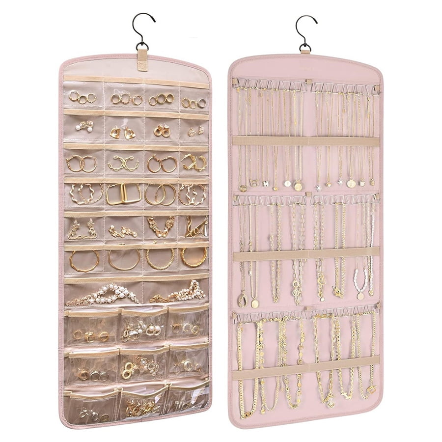 Hanging Jewelry Organizer Storage Roll with Hanger Metal Hooks Double-Sided Jewelry Holder for Earrings Necklaces Rings on Closet Wall Door, 1 piece