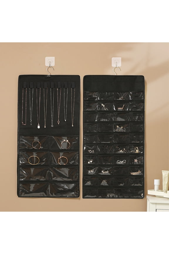 Hanging Jewelry Organizer Storage Roll with Hanger Metal Hooks Double-Sided Jewelry Holder for Earrings, Necklaces, Rings on Closet, Wall, Door