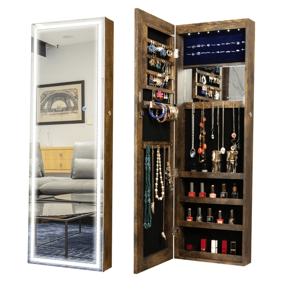 Hanging Jewelry Organizer, Wall Door Jewelry Armoire Cabinet with Full-Length Mirror and LED Lights, Large Jewelry Organizers and Storage, Antique Gray