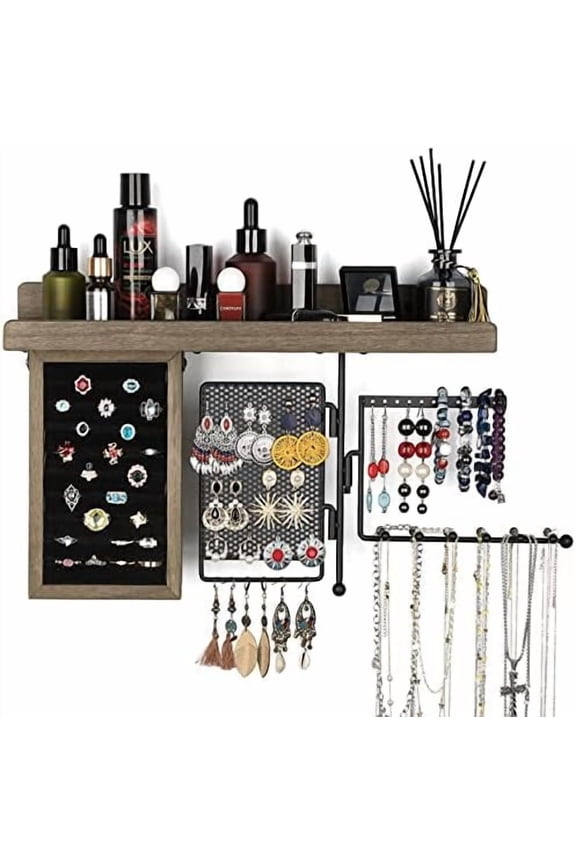 Hanging Jewelry Organizer Wall Mount Holder with Rustic Wood Shelf, Ring Display Box, Ear Studs Earring Holder, Rotating Necklace for Gothic Goth Accessories