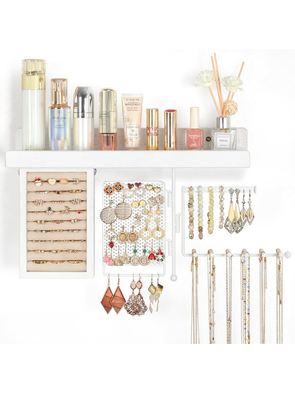 Hanging Jewelry Organizer Wall Mount with Rustic Wood Shelf, Ring Display Box, Ear Studs Earring Holder, Rotating Necklace Holder Organizer White
