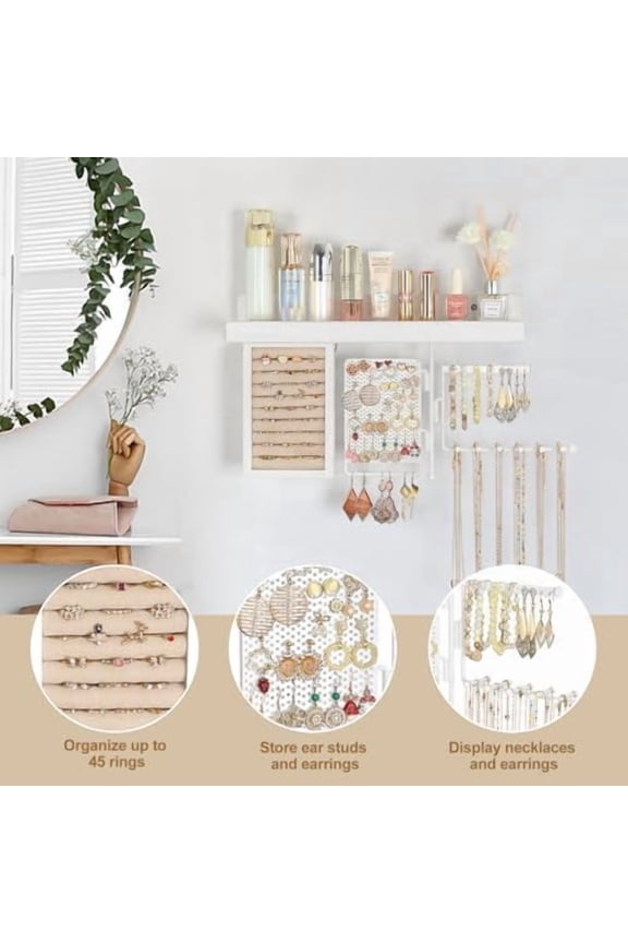 Hanging Jewelry Organizer Wall Mount with Rustic Wood Shelf, Ring Display Box, Ear Studs Earring Holder, Rotating Necklace Holder Organizer White