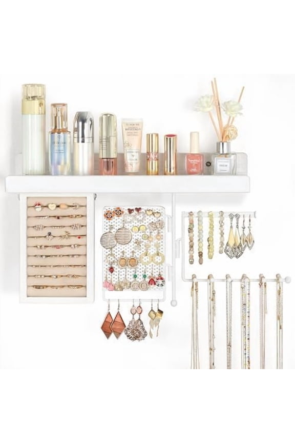 Hanging Jewelry Organizer Wall Mount with Rustic Wood Shelf, Ring Display Box, Ear Studs Earring Holder, Rotating Necklace Holder Organizer White