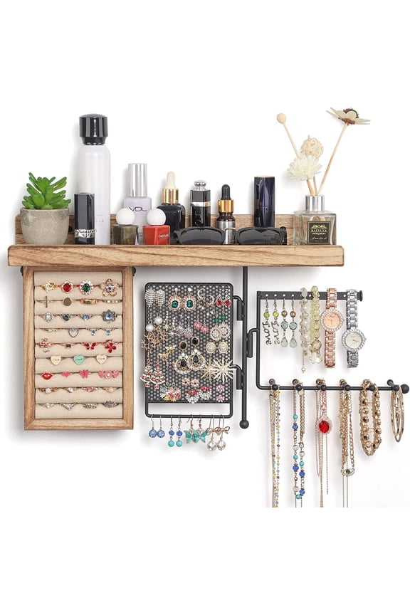 Hanging Jewelry Organizer Wall Mount with Rustic Wood Shelf, Ring Display Box, Ear Studs Earring Holder, Rotating Necklace Holder Organizer